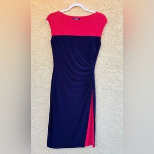 Chaps Women Small Sleeveless Ruched Midi Sheath Dress Stretch Red Blue Lined
